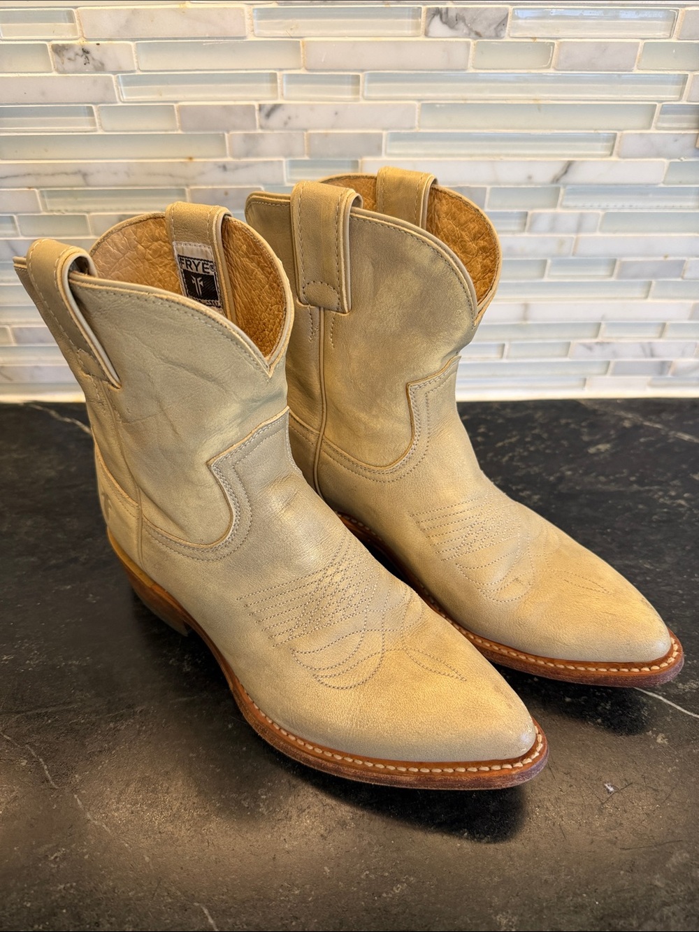 Frye Beige Leather Western Ankle Boots with Tan Sole